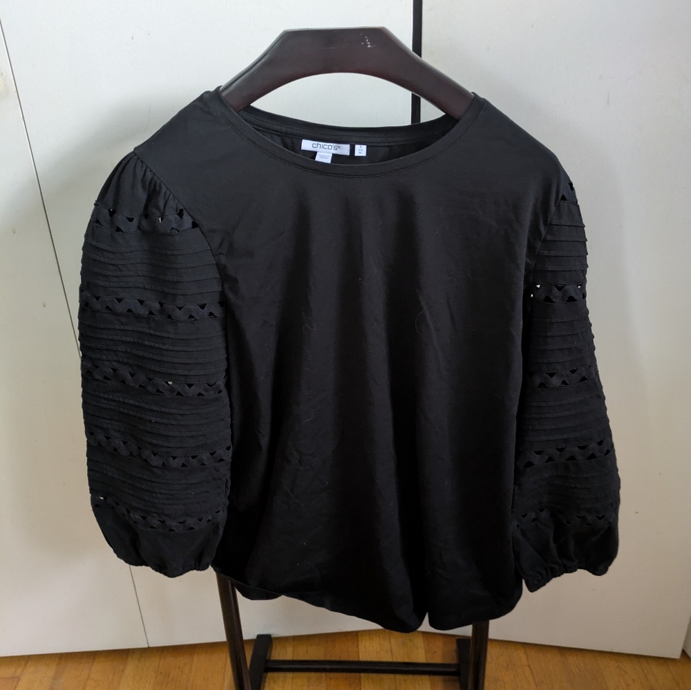 Chico's Black Eyelet Puff-Sleeve Blouse